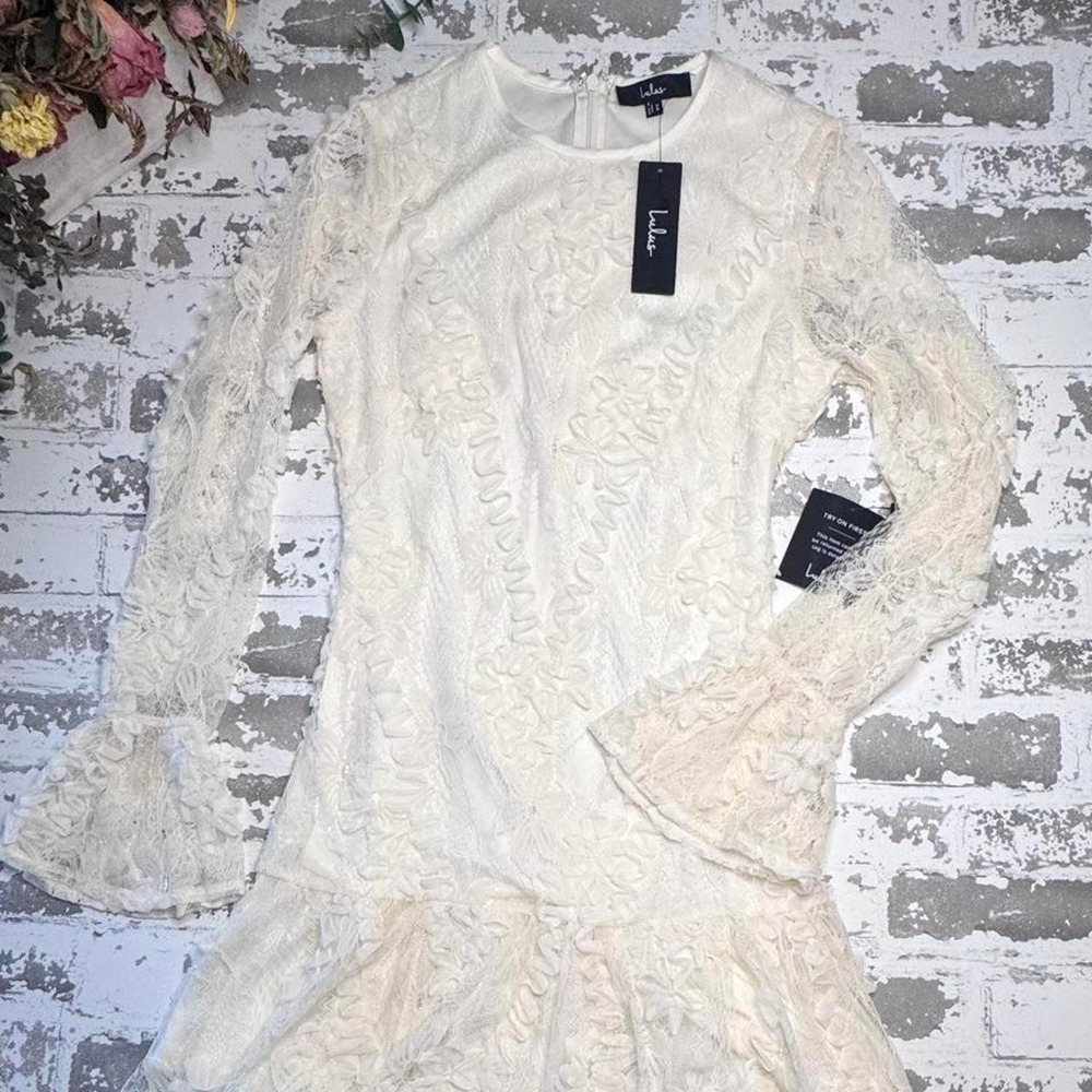 Lulus White Lace Mini Dress with Floral Embroidery Cream lace dress - Picture 3 of 7
